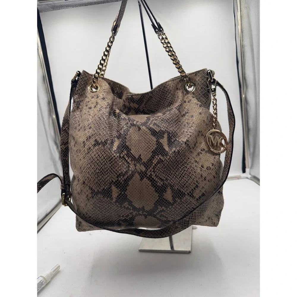 Michael Kors Snakeskin Embossed Leather Hobo Bag Brown Gold Hardware Crossbody